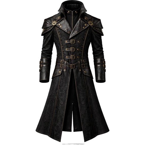 Men's Steampunk Gothic Long Coat | Victorian Brocade Trench Jacket, Fantasy Overcoat