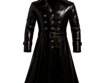 Gothic Steampunk PVC Leather Trench Coat: Handmade Military Style Cosplay
