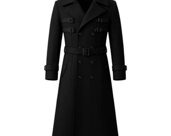 ハンドメイドのブラックウールゴシックロングコート：ビクトリアントレンチスタイル