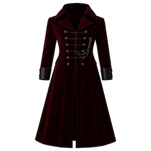 May include: A burgundy velvet coat with a double-breasted front, featuring black buttons and trim. The coat has a long, flowing design with black leather cuffs and a decorative chain detail. A stylish, long coat.