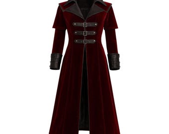 Herren Gothic Langer Mantel | Steampunk-viktorianischer Trenchcoat | Handgefertigtes Halloween-Kostüm | Vampir Cosplay Jacke