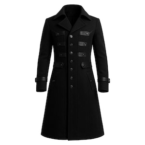 May include: A black wool coat with a military-inspired design. The coat has a notched collar, multiple buttons, and leather accents on the pockets and cuffs. The coat is a long length.