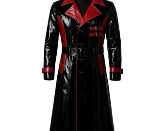 Handmade Gothic Vampire PVC Trench Coat: Black & Red Steampunk Overcoat