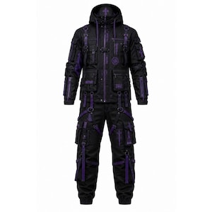 May include: A black hooded jacket and matching cargo pants set featuring purple accents, multiple utility pockets, adjustable straps with buckles, and purple cross motifs printed on the chest, hood, and legs. The design includes zippers.