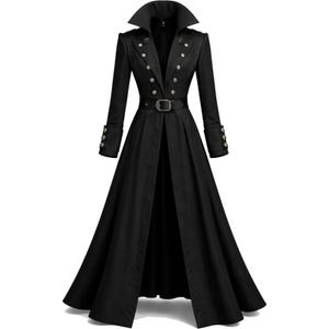May include: A long, black coat with a military-inspired design. The coat features a high collar, double-breasted front with silver buttons, a belted waist, and decorative cuffs. The coat's long length and flared skirt create a dramatic silhouette.