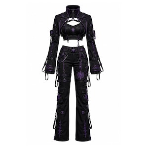 Gotiskt techwear-set för kvinnor – svartlila cyberpunk cargobyxor