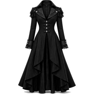 May include: A long, black coat with a Victorian-inspired design. The coat features a high collar, decorative buttons, lace accents on the sleeves, and a flared skirt. The coat is a dark, solid color, suitable for cosplay or gothic fashion.