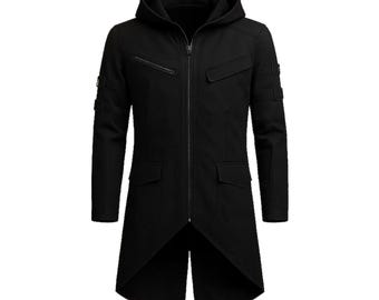 Handmade Black Cotton Cyberpunk Long Coat: Gothic Techwear
