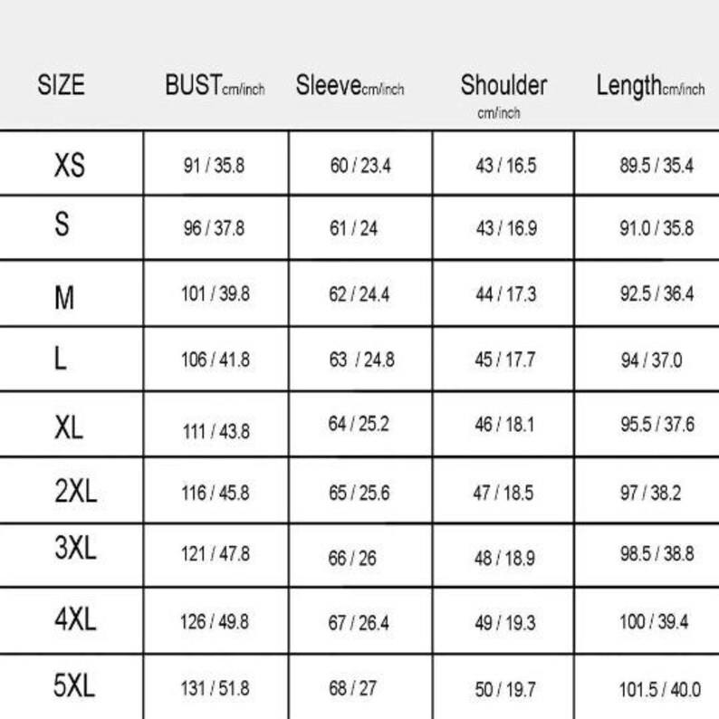 May include: A size chart for clothing, displaying measurements in both centimeters and inches. The chart includes sizes from XS to 5XL, with bust, sleeve, shoulder, and length measurements. The measurements are clearly labeled for each size.