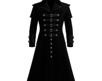 Black Gothic Cotton Coat | Handmade Men’s Victorian Steampunk Trench | Halloween Costume Jacket