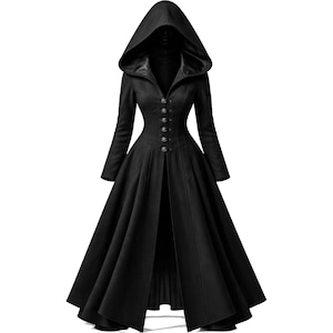 May include: A long, black hooded coat with a fitted bodice and a flared skirt. The coat features a row of decorative buttons down the front and long sleeves. The hood is large and dramatic, and the coat has a gothic or Victorian aesthetic.