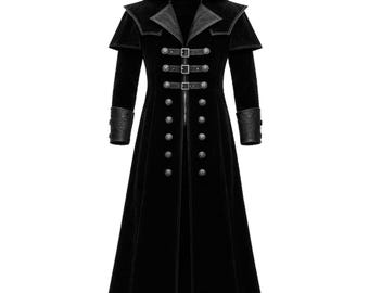 Handgefertigter Schwarzer Samt Gothic Vampir Mantel: Steampunk Kostüm