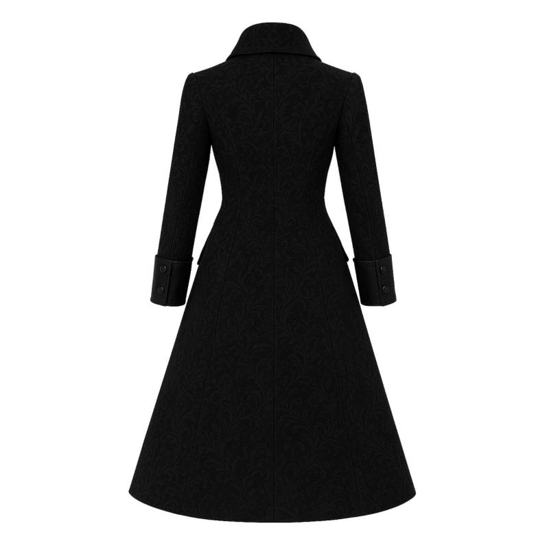 May include: A long black coat with a textured floral pattern. The coat features a classic collar, long sleeves with buttoned cuffs, and a flared skirt. The coat is designed to be knee-length.