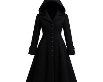 ハンドメイドゴシックウールフード付きコート：スチームパンクハロウィンオーバーコート