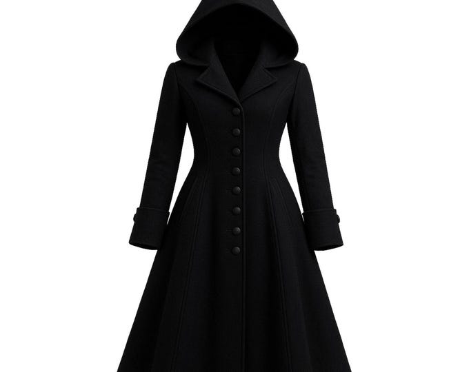 Handmade Gothic Wool Hooded Coat: Steampunk Halloween Overcoat