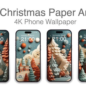 May include: Four smartphones displaying a Christmas-themed paper art wallpaper. The wallpaper features a winter scene with stylized trees, houses, and decorative elements in shades of teal, orange, and white. The time is displayed as 21:00.