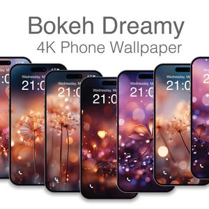 Puede incluir: Varios smartphones que muestran un fondo de pantalla bokeh con un diseño floral. Las pantallas muestran un fondo borroso en tonos naranja, morado y dorado. La hora mostrada es 21:00 el miércoles 21 de mayo. El texto "Bokeh Dreamy 4K Phone Wallpaper" es visible.
