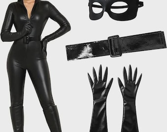 Conjunto de disfraz de mono de piel sintética negra – 4 piezas para cosplay de Catwoman con máscara, cinturón y guantes.