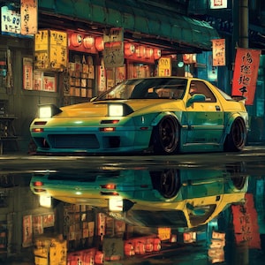 May include: A stylized illustration of a yellow and teal sports car with pop-up headlights, parked in front of a Japanese-style storefront. The car's reflection is visible in the wet pavement, with Japanese lanterns and signs in the background.