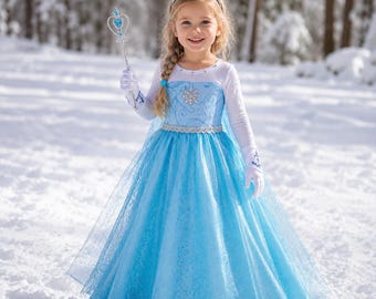 Elsa Prinzessin Kostüm für Mädchen, Frozen Kleid für Kleinkind, Gefrorenes Kleid, Geburtstags-Partykleid, Blaues Cosplay Kleid mit Kronen-Zauberstab und Handschuhen, Halloween-Kostüm