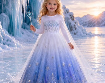 Elsa Princess Dress, Snow Queen Costume, Winter Birthday Party Dress, Kids Frozen Cosplay Gown, Carnival Dress Up, Girls Party Apparel