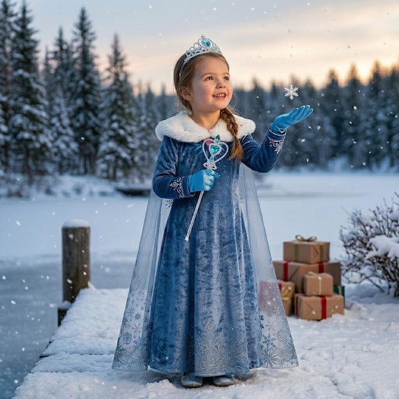 blue ice queen dress Girls Princess Costume, Velvet Snowflake Cape Dress, Winter Birthday Gown Vero Moda Cocktail Dress girly outfits worthy attire Made To Order Sizes:AU XS/6