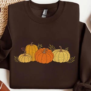 May include: A dark brown sweatshirt featuring a fall-themed design. The graphic includes four pumpkins in shades of orange and yellow, with green leaves. The pumpkins are arranged horizontally across the front of the sweatshirt.