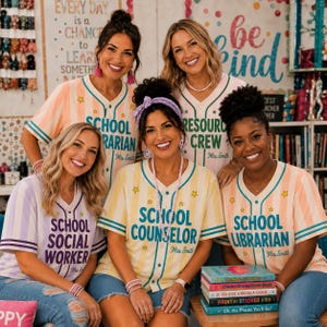 May include: Five people wearing button-down baseball jerseys in pastel stripes with text including School Librarian, Resource Crew, School Social Worker, and School Counselor. The jerseys feature star graphics and teal or purple trim.