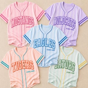May include: Five short-sleeved button-down baseball jerseys in pastel colors, each featuring vertical stripes, a V-neck, and team names: MUSTANGS, WILDCATS, EAGLES, TIGERS, and GATORS, with the text SCHOOL NAME printed below each team name.