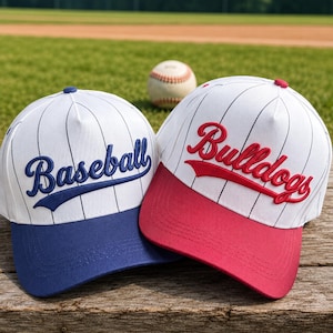 Custom Embroidered Pinstripe Baseball Cap, Team Name Script Hat, Retro Varsity Style, Personalized Sports Gift