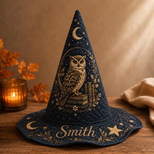 Custom Name Owl Witch Hat Decor, Vintage Book Moon Star Quilted Fabric, Personalized Halloween Centerpiece Gift