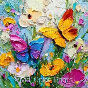 Colorful Butterfly and Flower Oil Painting Style Wall Art | Digital Download | Vibrant Impressionist Home Decor  カラフルな蝶と花の油絵風ウォールアート デジタル