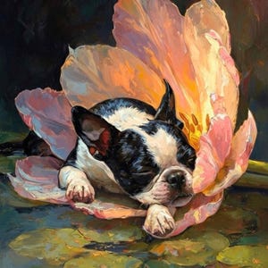 Boston Terrier in Lotus Flower – Peaceful Dog Art Print, Oil Painting Style Wall Decor, Digital Download (4 Aspect Ratios Included)