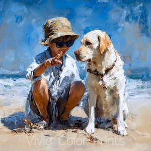 Boy and Labrador at the Beach – Oil Painting Style Digital Art Print | Coastal Dog Wall Decor ビーチで遊ぶ少年とラブラドールの油絵風アートプリント｜海と犬の癒しインテリア