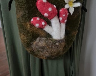 Hand Felted Wool Mushroom Bag, Woodland Fiber Art Pouch, Needle Felted Toadstool Flower Purse