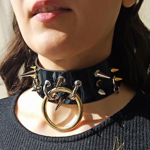 Punk Spiked Choker with Gold Ring – Black Shiny Patent Faux Leather Collar with Gold & Silver Spikes, Handmade Goth Accessory