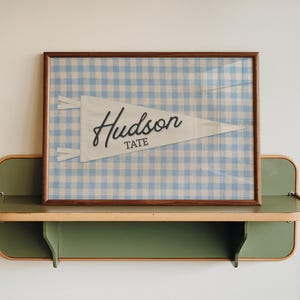 Personalized Pennant Name Sign, Custom Baby Name Print, Vintage Nursery Wall Art, Gingham Kids Room Decor, Retro Playroom, Digital Download