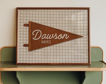 Custom Pennant Name Print, Vintage Gingham Nursery Wall Art, Personalized Kids Decor, Neutral Kids Room Printable, Retro Name Sign Download
