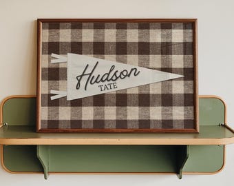 Personalized Pennant Name Sign, Custom Baby Name Print, Vintage Nursery Wall Art, Gingham Kids Room Decor, Retro Playroom, Digital Download