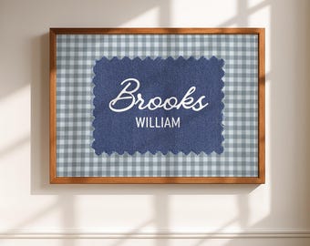 Personalized Gingham Name Sign, Custom Baby Name Print, Vintage Nursery Wall Art, Modern Kids Room Decor, Retro Playroom, Digital Download
