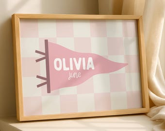 Personalized Pink Name Pennant Flag Wall Art, Girls Room Printable Sign (Digital Download), Custom Nursery Decor, Playroom Art