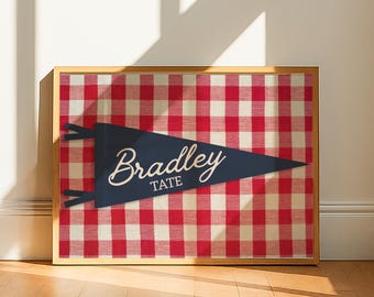 Custom Pennant Name Sign, Personalized Gingham Nursery Wall Art, Retro Americana Baby Room Decor, Kids Name Print, Playroom Digital Download