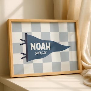 Custom Blue Name Pennant Wall Art, Personalized Boys Room Decor, Retro Nursery Printable, Checkerboard Kids Room Sign, Digital Download