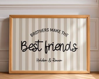 Personalized Boys Room Wall Art, Custom Brothers Print, Neutral Striped Nursery, Beige Playroom Art, Best Friends, Vintage Modern Download