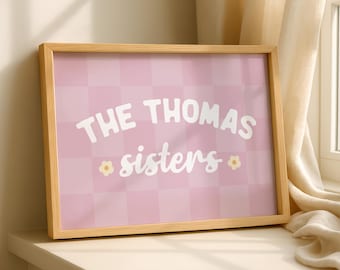 Custom Sisters Name Print, Pink Checkerboard Girls Room Art, Personalized Nursery Printable, Sibling Decor Modern Kids Room Digital Download