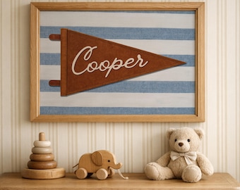 Custom Pennant Name Print, Vintage Striped Nursery Wall Art, Personalized Kids Decor, Neutral Kids Room Printable, Retro Name Sign Download