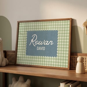Personalized Gingham Name Sign, Custom Baby Name Print, Vintage Nursery Wall Art, Modern Kids Room Decor, Retro Playroom, Digital Download image 11