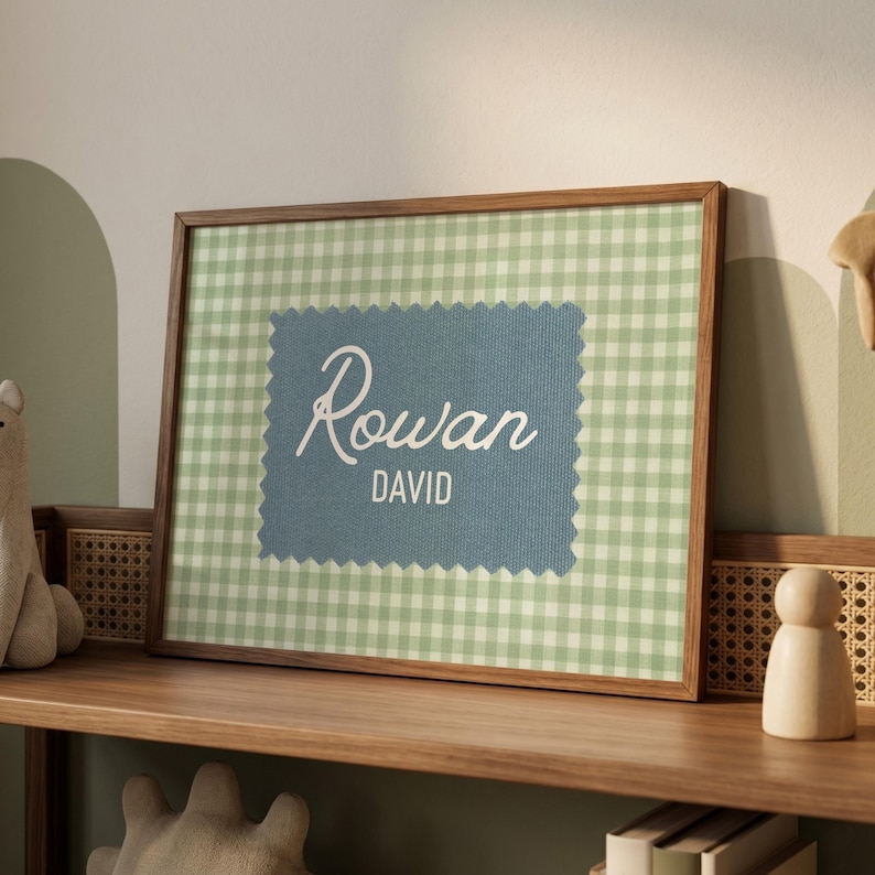 Personalized Gingham Name Sign, Custom Baby Name Print, Vintage Nursery Wall Art, Modern Kids Room Decor, Retro Playroom, Digital Download image 11