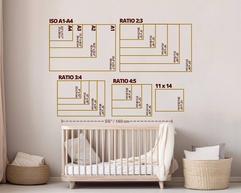 May include: A size guide chart for wall art prints featuring ISO A1-A4, 2:3, 3:4, 4:5, and 11x14 ratios with specific dimensions in inches and centimeters. The chart includes a 55-inch measurement line and is displayed above a wooden crib.