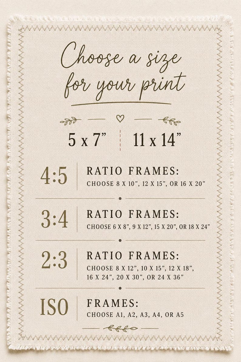 May include: A beige fabric sign with dark brown text titled Choose a size for your print. It lists dimensions in inches for 5x7, 11x14, and various aspect ratios including 4:5, 3:4, 2:3, and ISO frames with specific size options for each category.